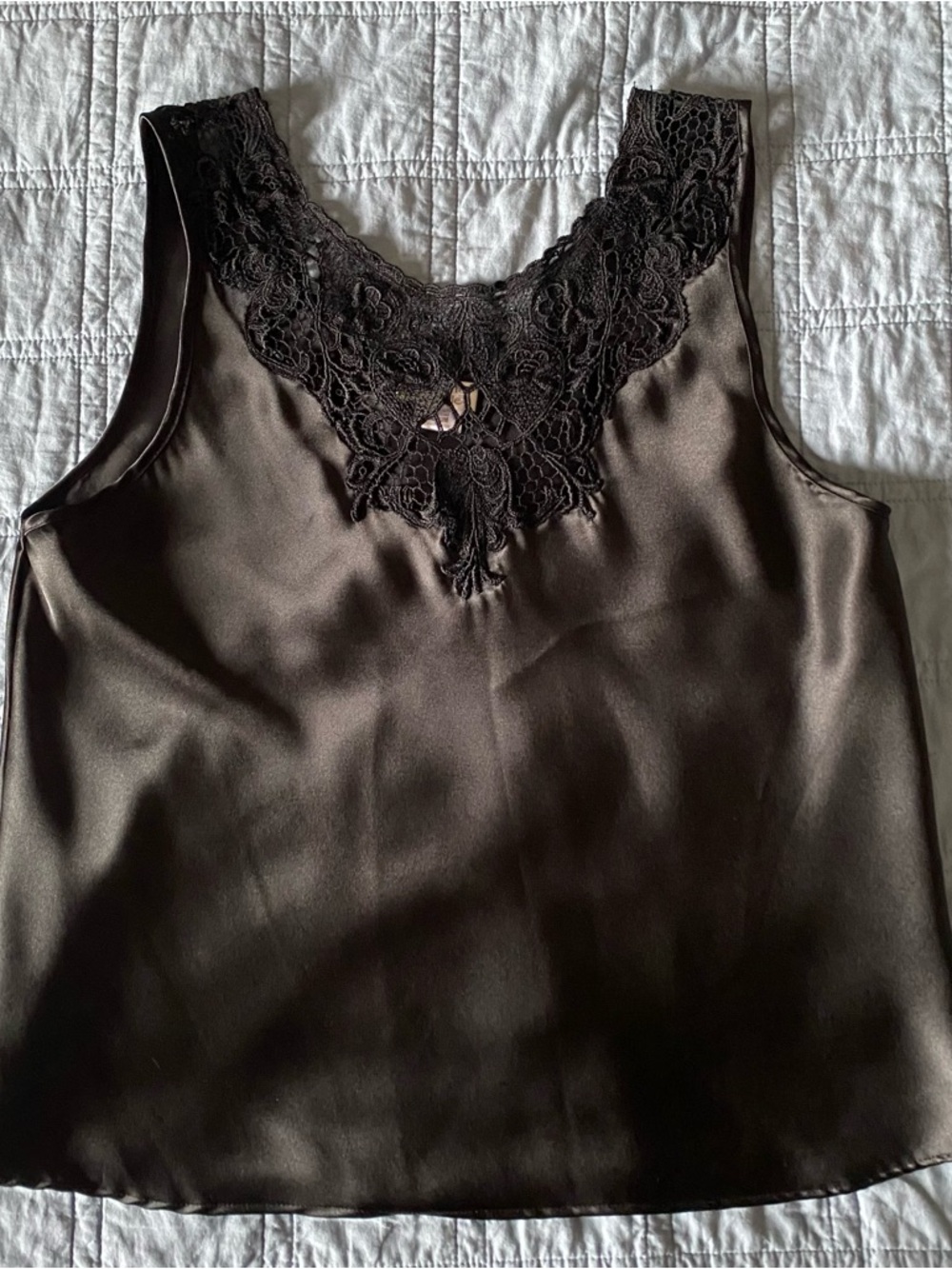 Black Lace-Trim Satin Camisole Tank Top M Office Siren Feminine Romantic Vintage - Picture 5 of 9